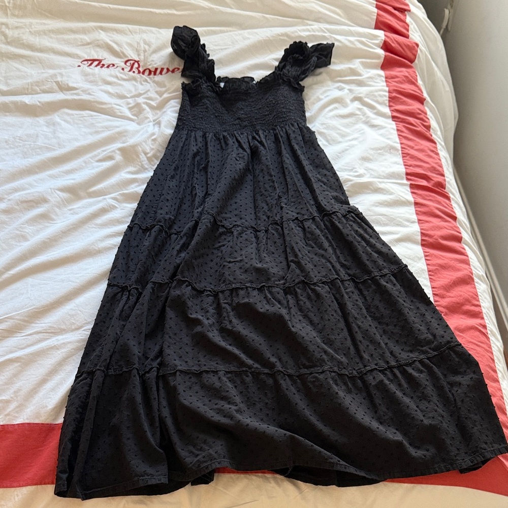 Black Swiss Dot Nap Dress - midi length - vintage Hill House!